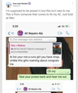 Nigerian lady shares her surprising chat with AC repairer