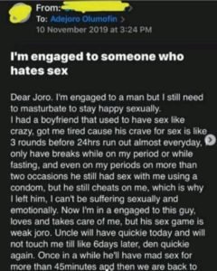 “I’m engaged to a man who hates sex”- Lady cries out