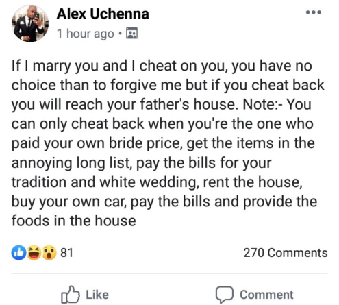 Nigerian man tells future wife why he can cheat but she can’t
